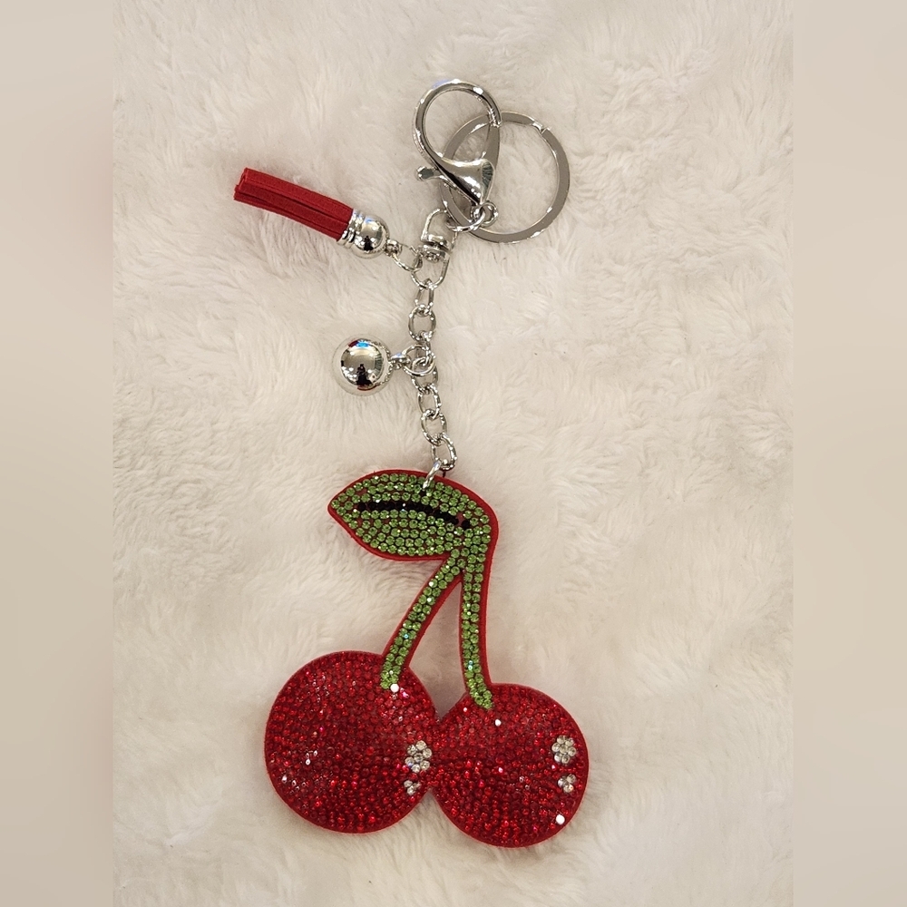 Red Cherry Keychain with Green Leaf Accents Bag Charm